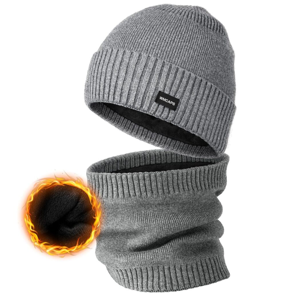 4180 Unisex Fleece Lined Beanie & Scarf Set Gifts , Thick Fleece Warmer